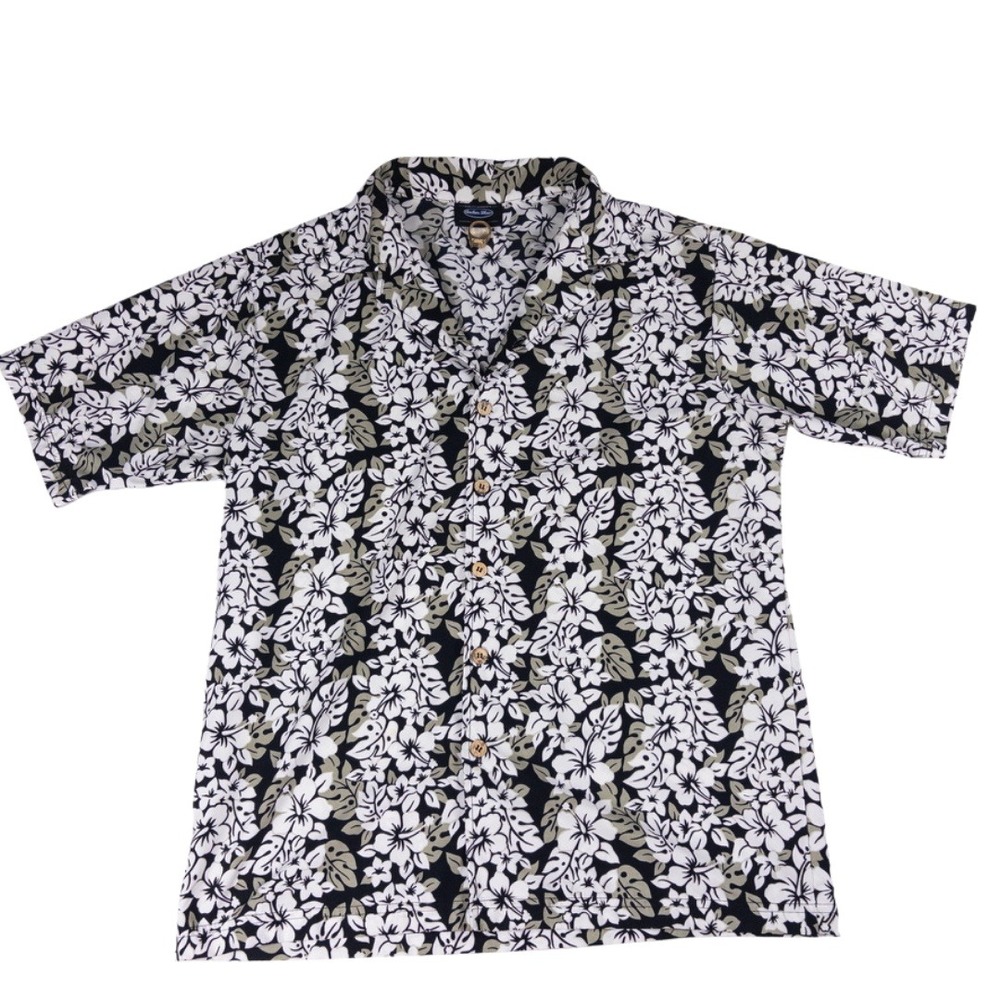 Anchor Blue Hawaiian Shirt Mens L Black White Floral Y2K Vintage Short Sleeve‎